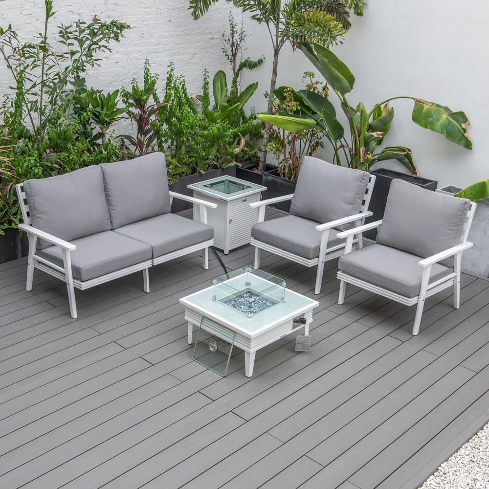 LeisureMod Walbrooke Modern White Patio Conversation With Square Fire Pit With Slats Design & Tank Holder, Grey. Picture 8