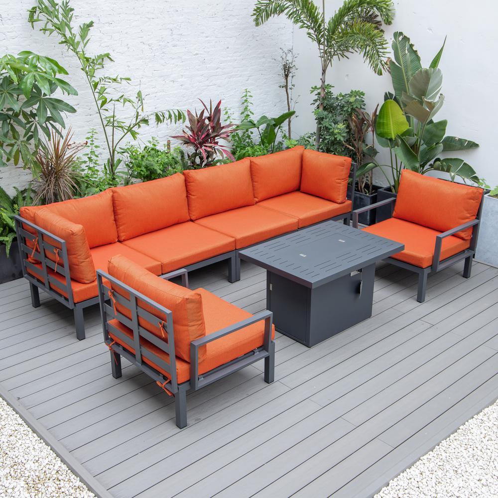 LeisureMod Hamilton 7-Piece Aluminum Patio Conversation Set With Fire Pit Table And Cushions Orange. Picture 4