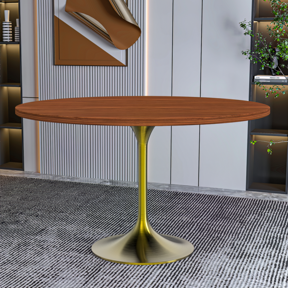 Verve 48" Round Dining Table, Brushed Gold Base with Cognac Brown MDF Top. Picture 8