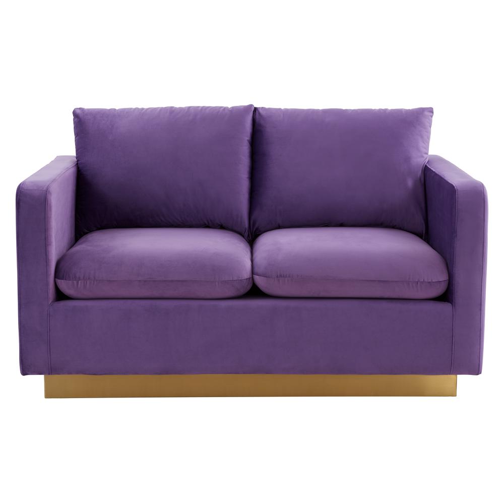 LeisureMod Nervo Modern Mid-Century Upholstered Velvet Loveseat with Gold Frame, Purple. Picture 2