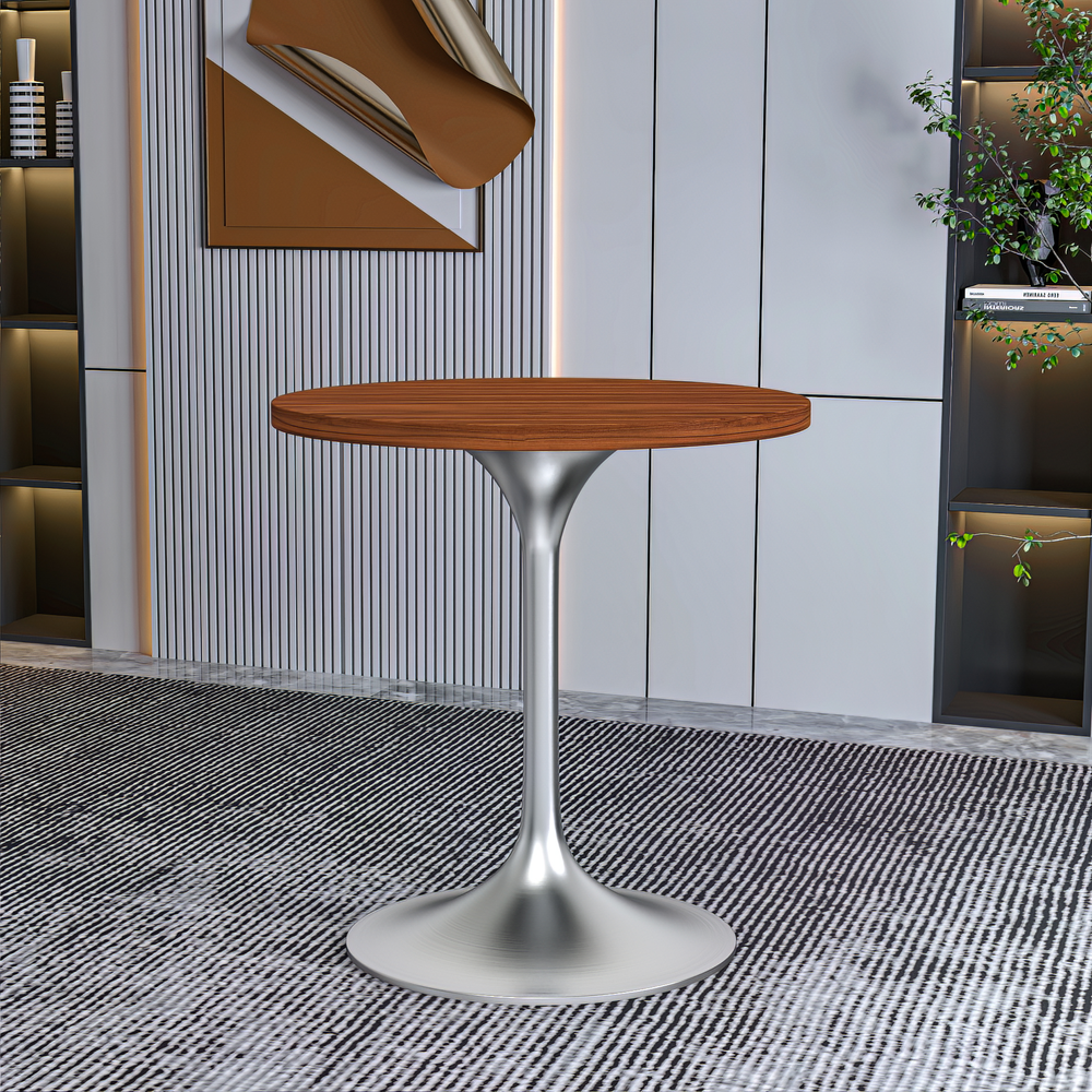 Verve 27" Round Dining Table, Brushed Chrome Base with Cognac Brown MDF Top. Picture 5
