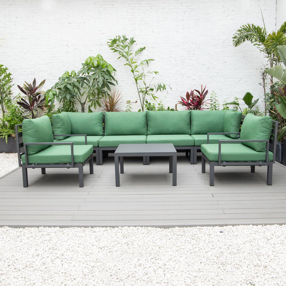 LeisureMod Hamilton 7-Piece Aluminum Patio Conversation Set With Coffee Table And Cushions Green. Picture 3