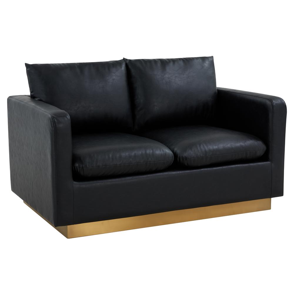 LeisureMod Nervo Modern Mid-Century Upholstered Leather Loveseat with Gold Frame, Black. Picture 1