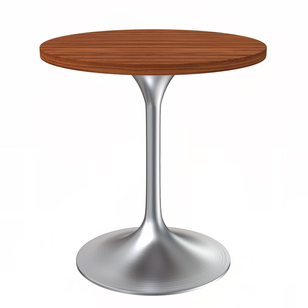 Verve 27" Round Dining Table, Brushed Chrome Base with Cognac Brown MDF Top. Picture 1