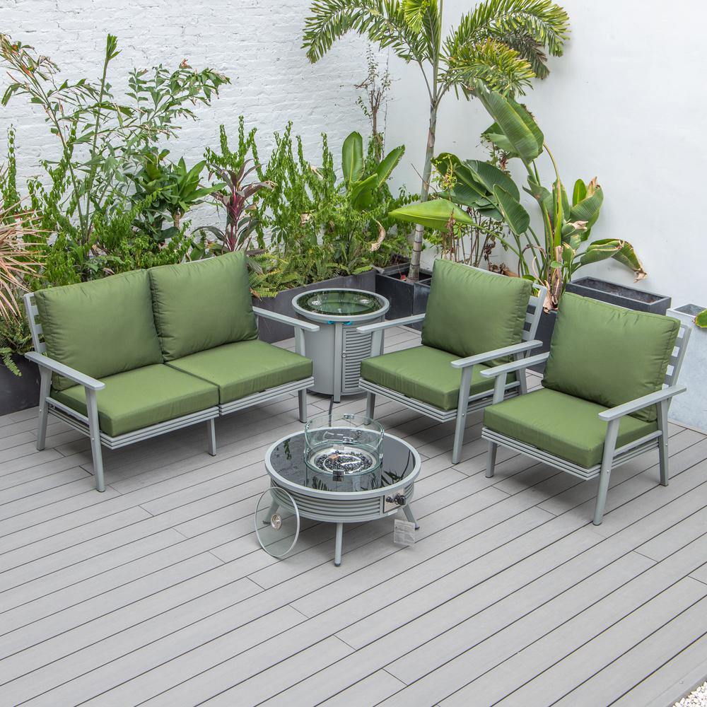 LeisureMod Walbrooke Modern Grey Patio Conversation With Round Fire Pit With Slats Design & Tank Holder, Green. Picture 8