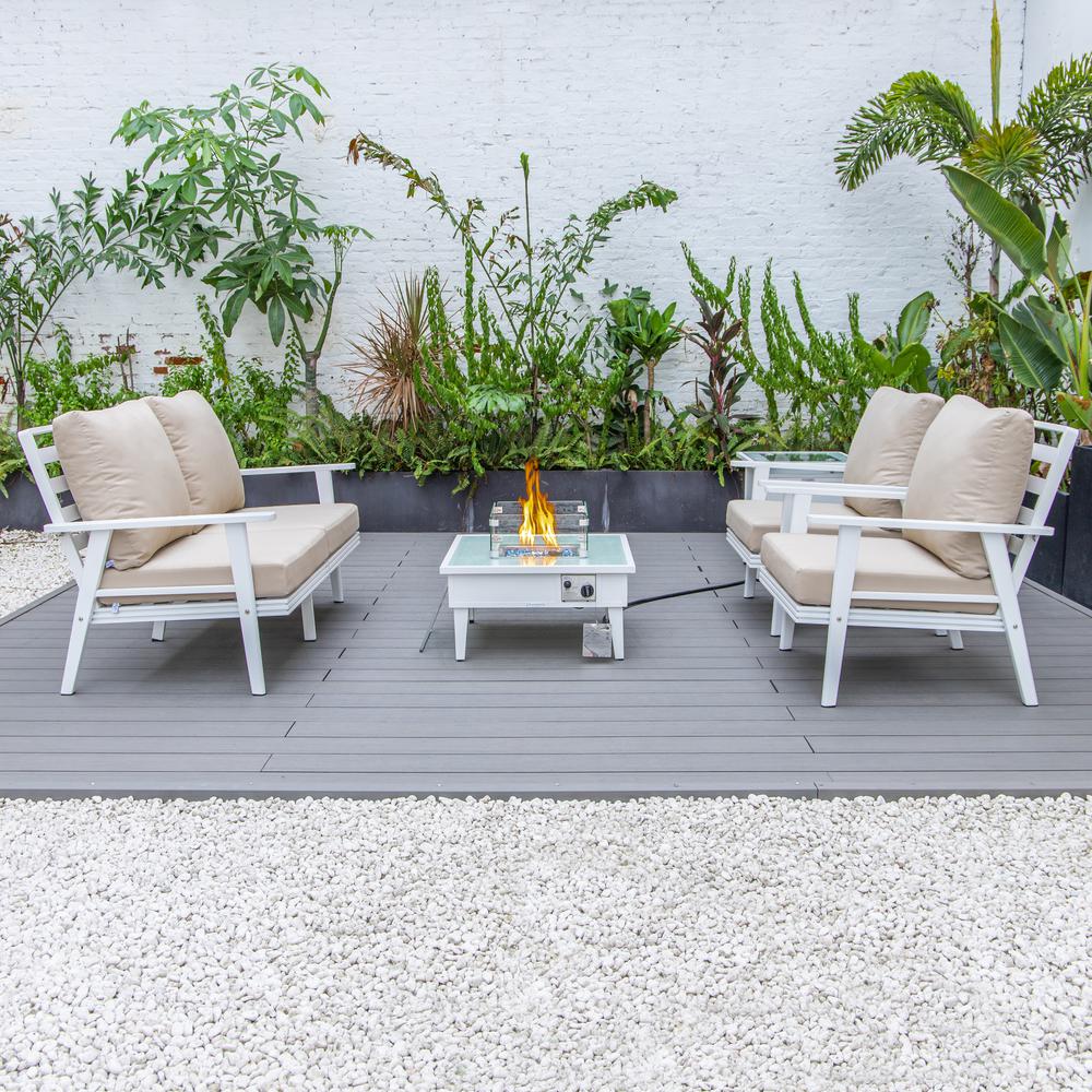 LeisureMod Walbrooke Modern White Patio Conversation With Square Fire Pit & Tank Holder, Beige. Picture 9