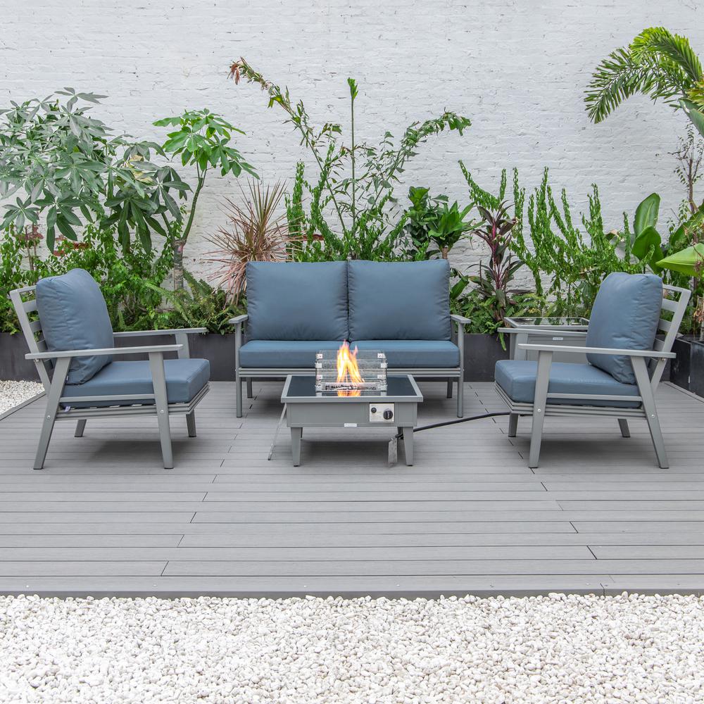 LeisureMod Walbrooke Modern Grey Patio Conversation With Square Fire Pit & Tank Holder, Navy Blue. Picture 6