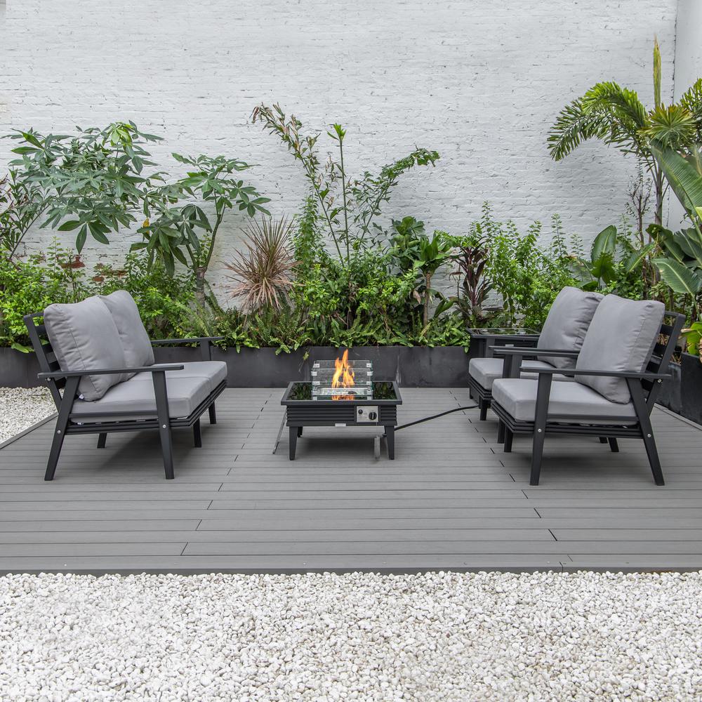 LeisureMod Walbrooke Modern Black Patio Conversation With Square Fire Pit With Slats Design & Tank Holder, Grey. Picture 5