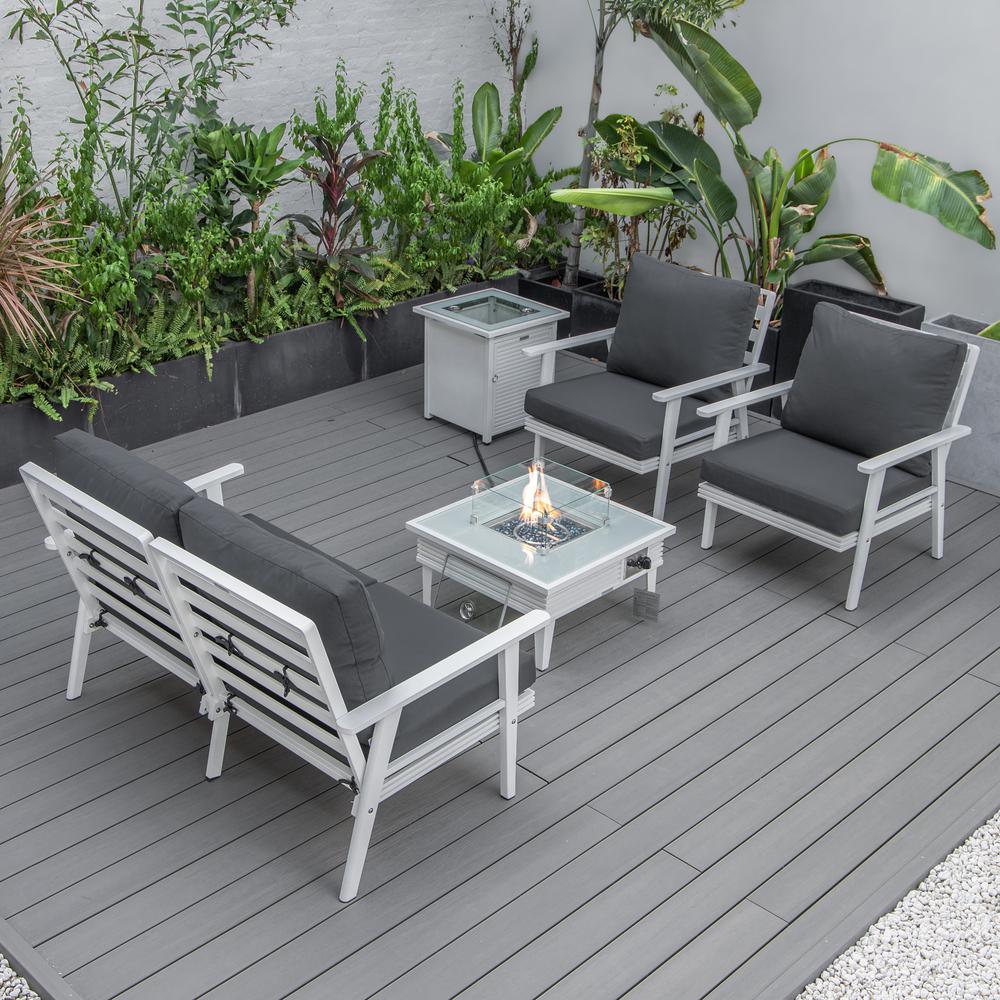 LeisureMod Walbrooke Modern White Patio Conversation With Square Fire Pit With Slats Design & Tank Holder, Charcoal. Picture 7