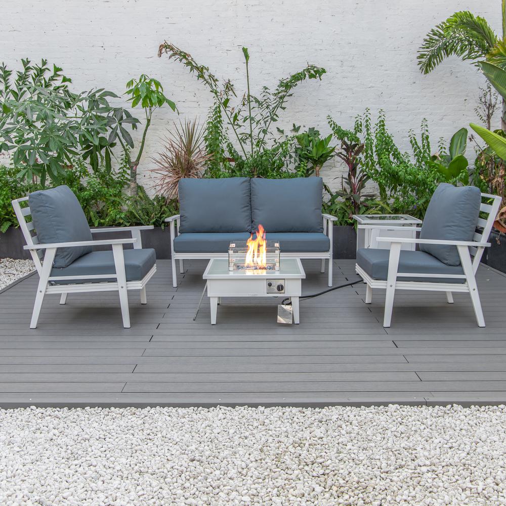 LeisureMod Walbrooke Modern White Patio Conversation With Square Fire Pit & Tank Holder, Navy Blue. Picture 8