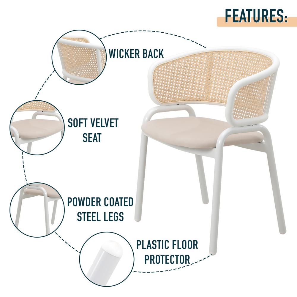 Ervilla Modern Dining Chair with White Powder Coated Steel Legs and Wicker Back. Picture 13