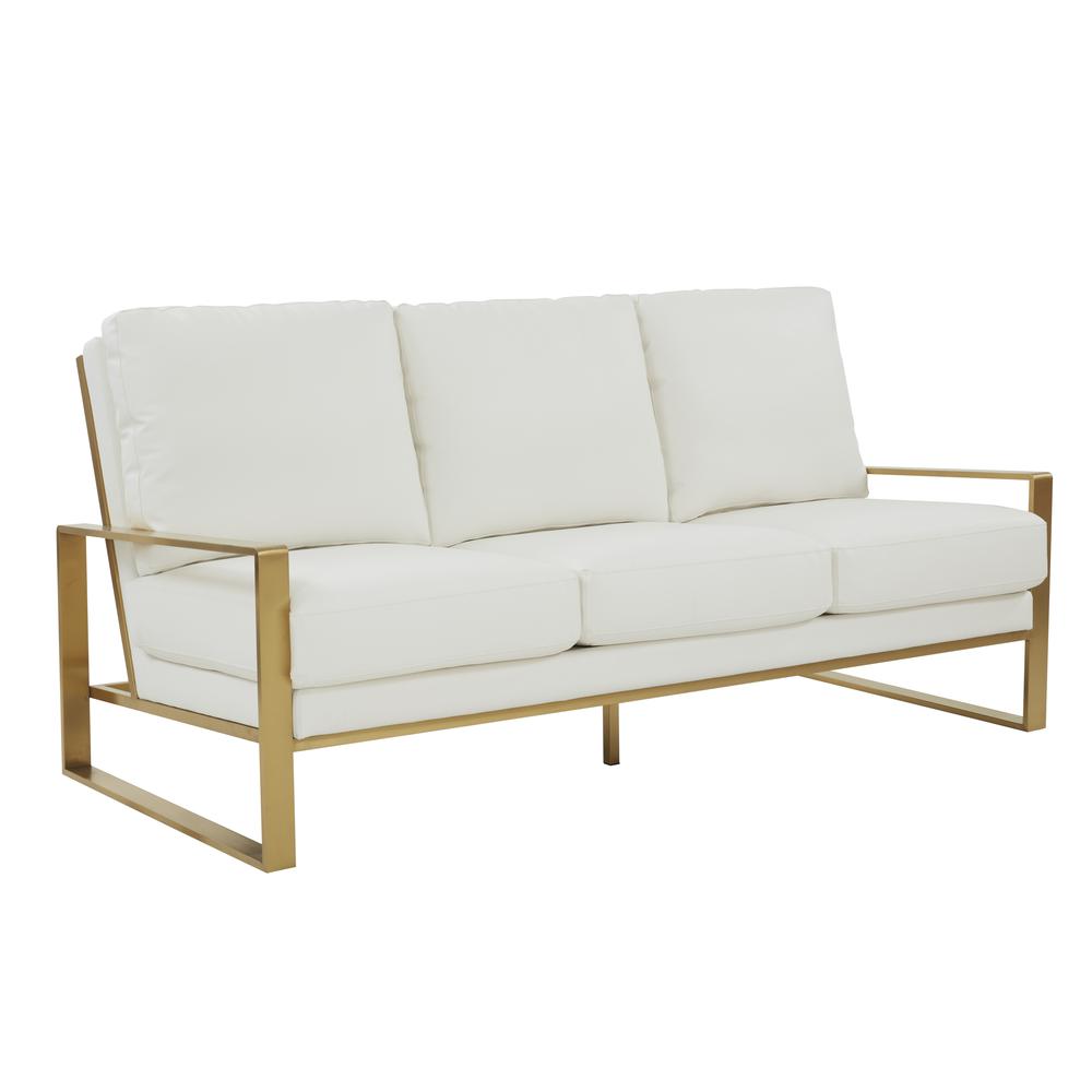 LeisureMod Jefferson Modern Design Leather Sofa With Gold Frame, White. Picture 1