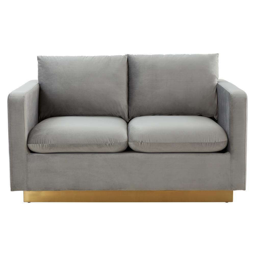LeisureMod Nervo Modern Mid-Century Upholstered Velvet Loveseat with Gold Frame, Light Grey. Picture 2