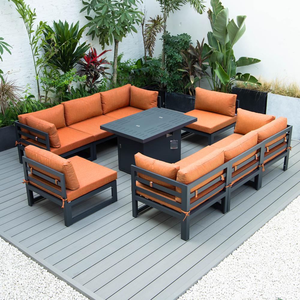LeisureMod Chelsea 9-Piece Patio Sectional with Fire Pit Table Black Aluminum With Cushions, Orange. Picture 2