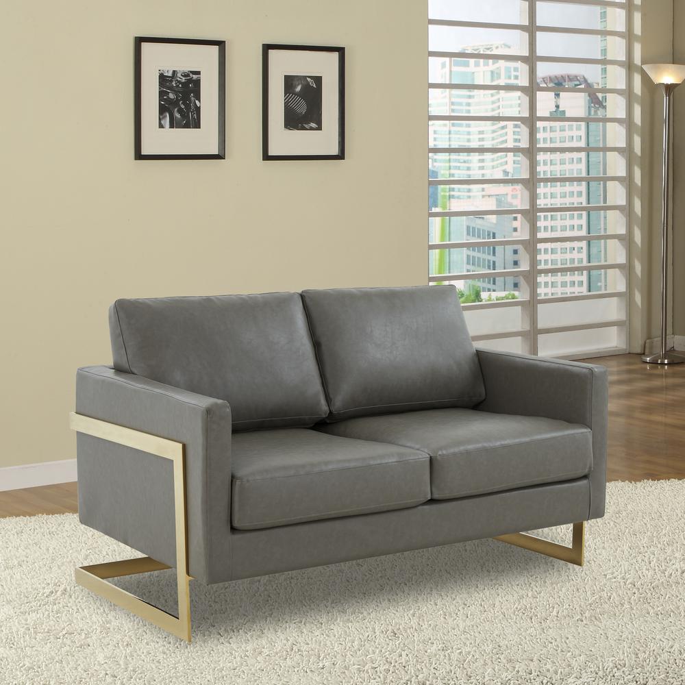 LeisureMod Lincoln Modern Mid-Century Upholstered Leather Loveseat with Gold Frame, Grey. Picture 2