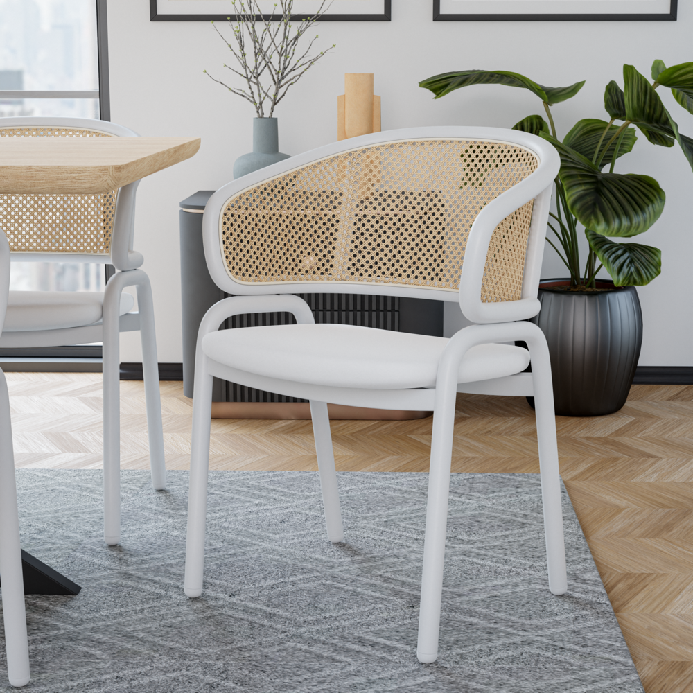 Ervilla Modern Dining Chair with White Powder Coated Steel Legs and Wicker Back. Picture 17