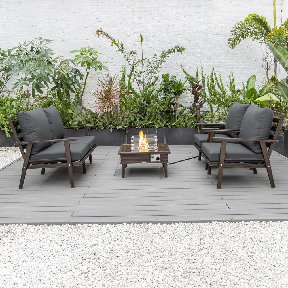 LeisureMod Walbrooke Modern Brown Patio Conversation With Square Fire Pit With Slats Design & Tank Holder, Charcoal. Picture 8