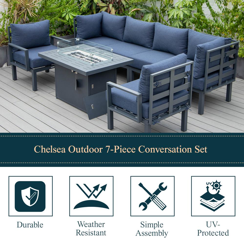Chelsea 7-Piece Patio Sectional And Fire Pit Table Black Aluminum With Cushions. Picture 36