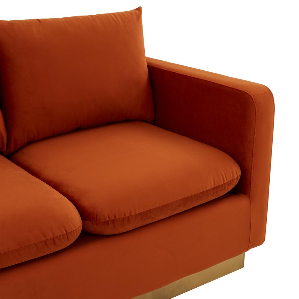 LeisureMod Nervo Modern Mid-Century Upholstered Velvet Loveseat with Gold Frame, Orange Marmalade. Picture 5