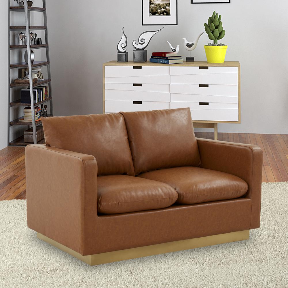 LeisureMod Nervo Modern Mid-Century Upholstered Leather Loveseat with Gold Frame, Cognac Tan. Picture 6