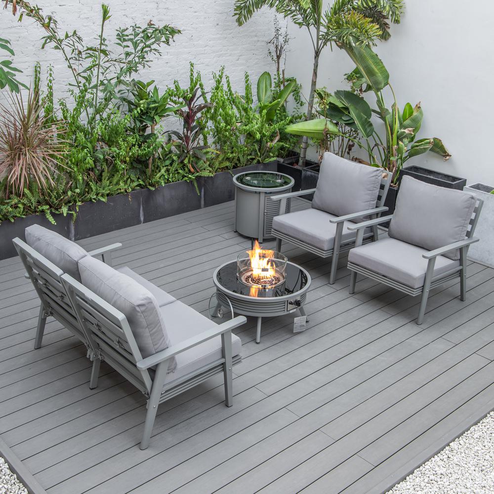 LeisureMod Walbrooke Modern Grey Patio Conversation With Round Fire Pit With Slats Design & Tank Holder, Grey. Picture 9