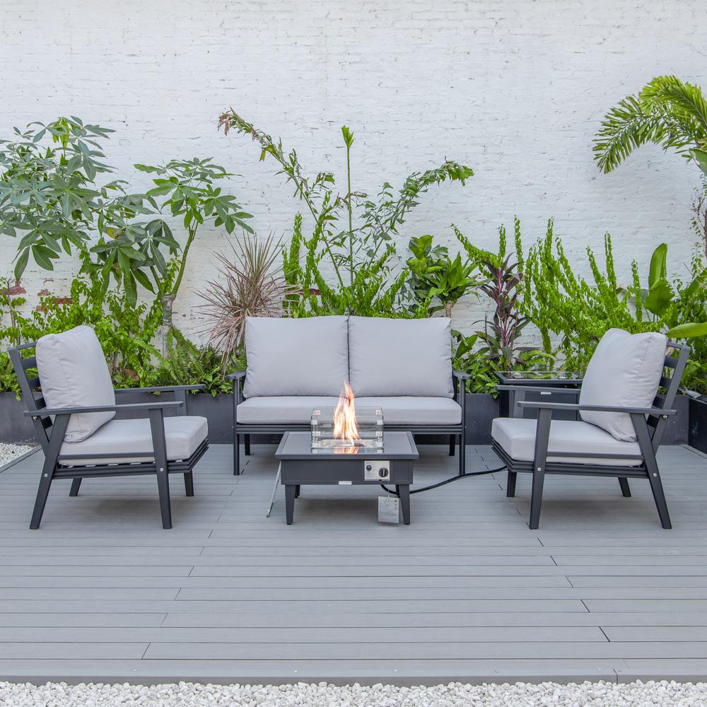 LeisureMod Walbrooke Modern Black Patio Conversation With Square Fire Pit & Tank Holder, Light Grey. Picture 2