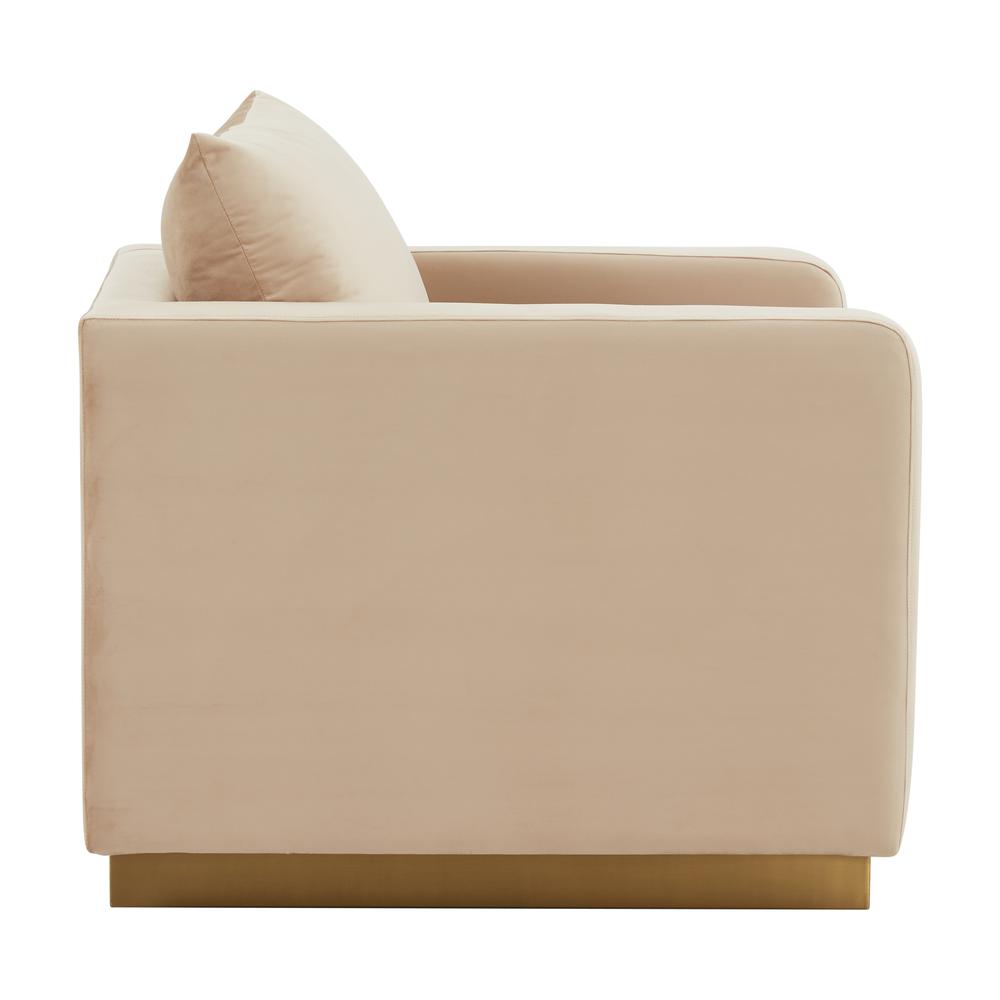 LeisureMod Nervo Velvet Accent Armchair With Gold Frame, Beige. Picture 4