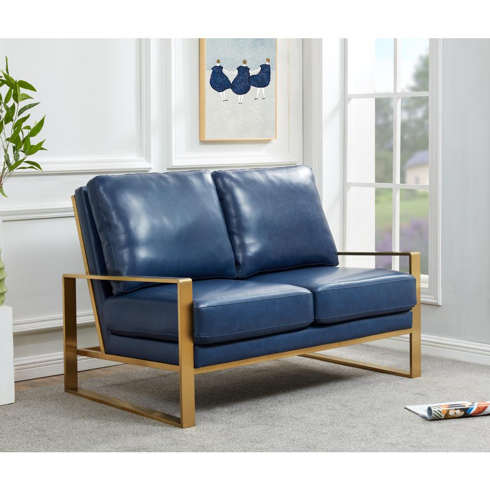 Jefferson - Leather Loveseat - Gold Frame - Navy Blue. Picture 2