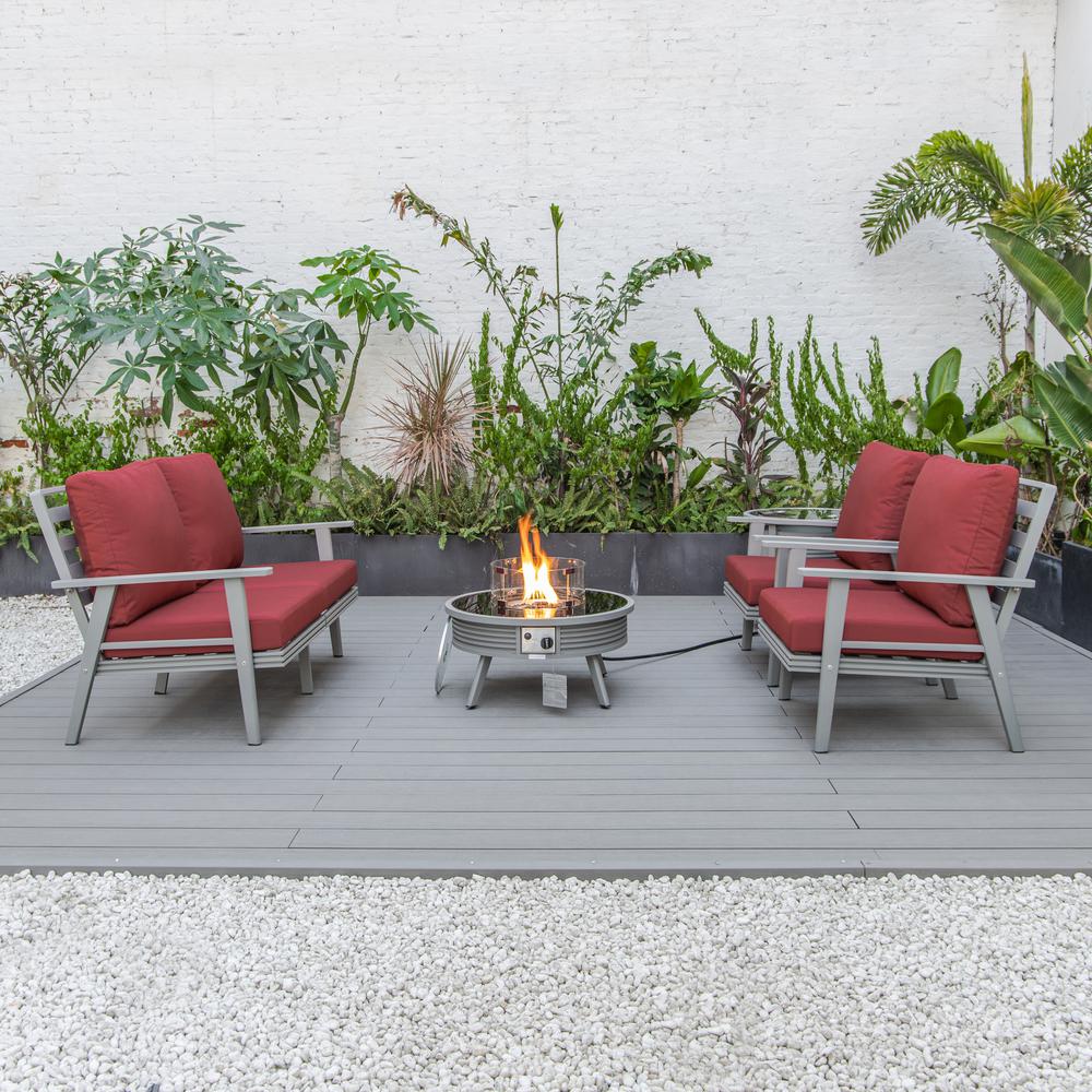 LeisureMod Walbrooke Modern Grey Patio Conversation With Round Fire Pit With Slats Design & Tank Holder, Red. Picture 6