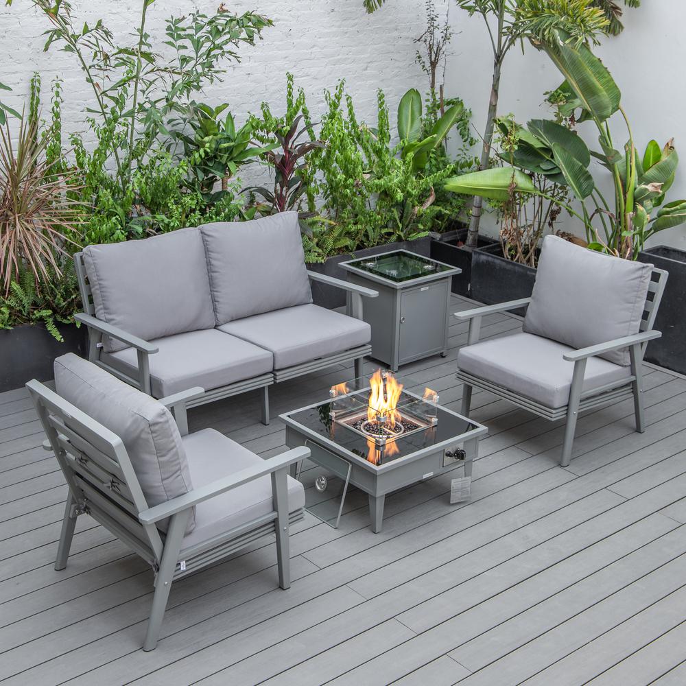 LeisureMod Walbrooke Modern Grey Patio Conversation With Square Fire Pit & Tank Holder, Grey. The main picture.