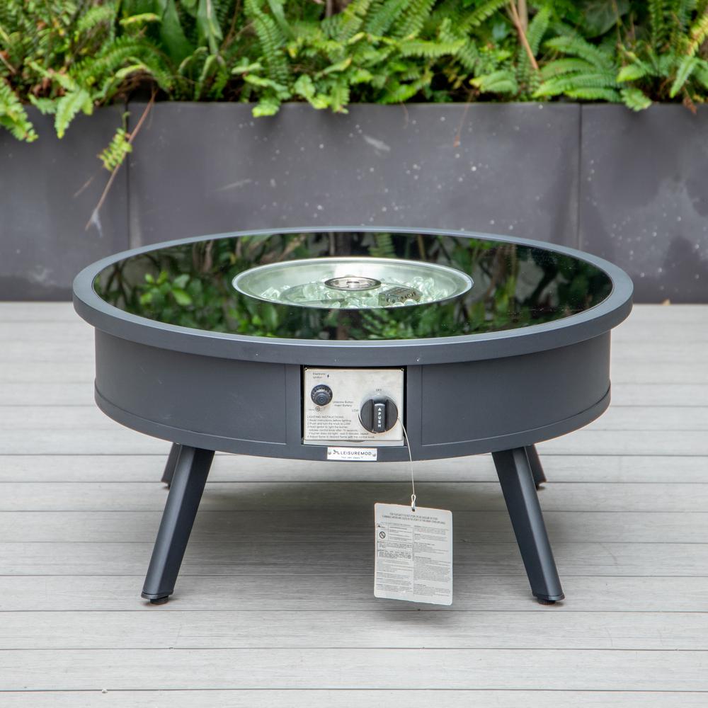 LeisureMod Walbrooke Modern Black Patio Conversation With Round Fire Pit & Tank Holder, Charcoal. Picture 2