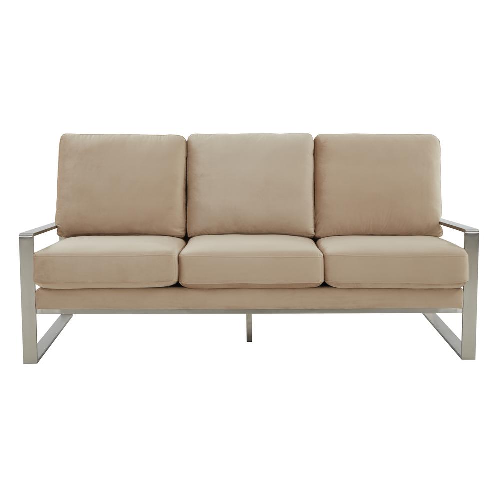 LeisureMod Jefferson Contemporary Modern Design Velvet Sofa With Silver Frame, Beige. Picture 7