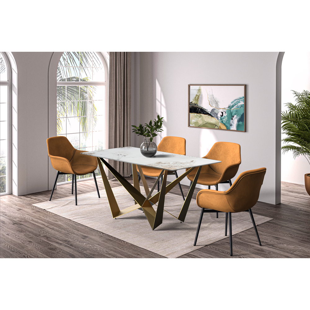 Modern Dining Table with a 55" Rectangular Top and Gold Steel Base. Picture 9