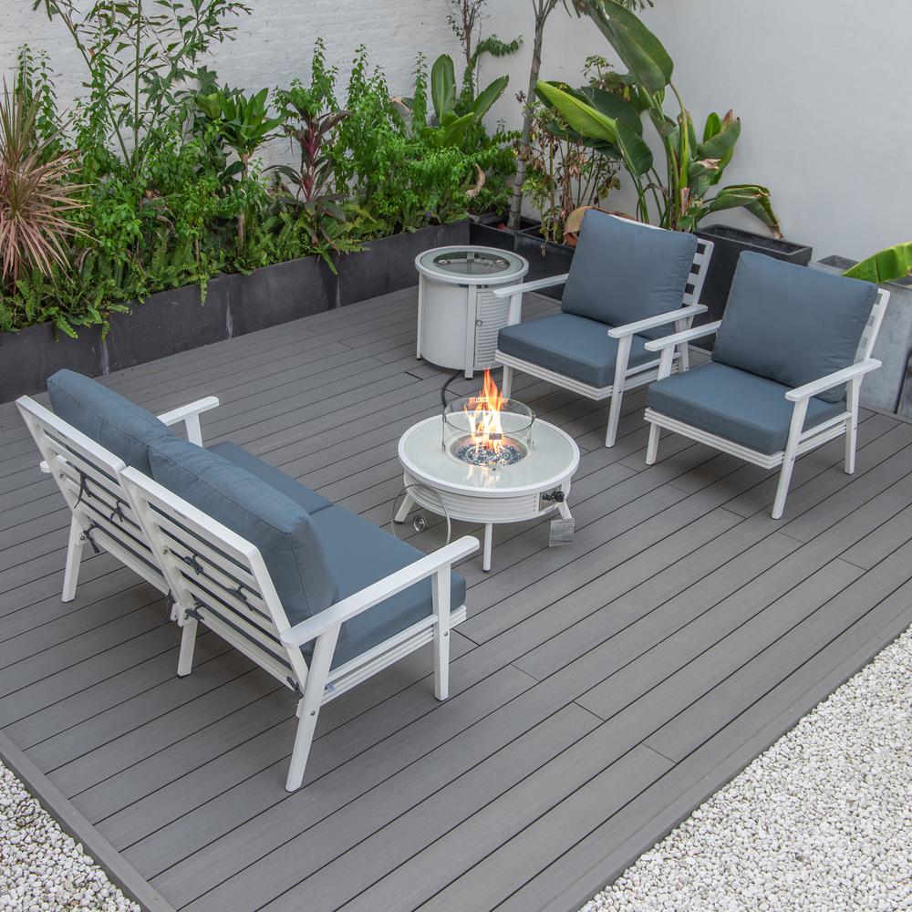 LeisureMod Walbrooke Modern White Patio Conversation With Round Fire Pit With Slats Design & Tank Holder, Navy Blue. Picture 6