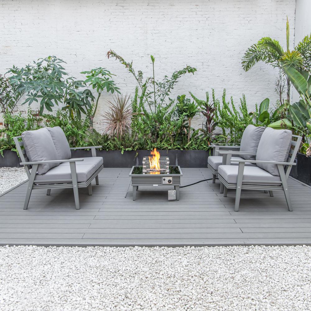 LeisureMod Walbrooke Modern Grey Patio Conversation With Square Fire Pit With Slats Design & Tank Holder, Grey. Picture 9