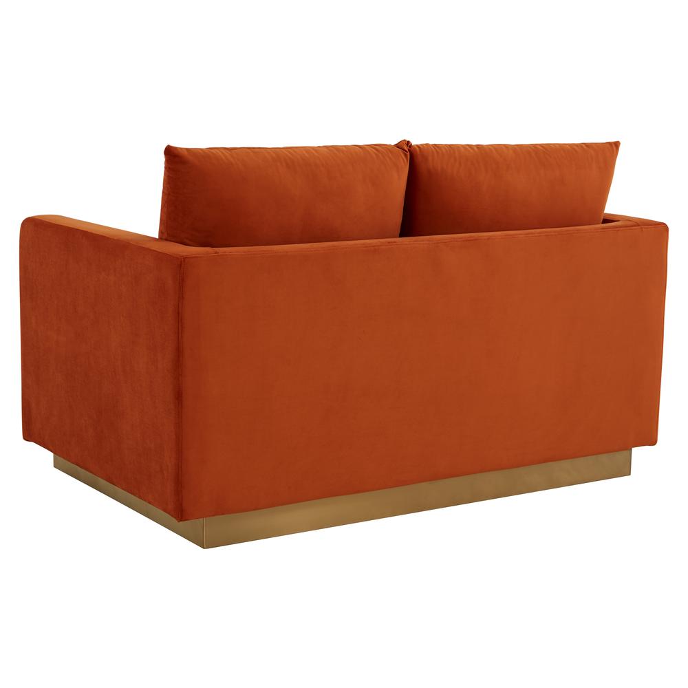 LeisureMod Nervo Modern Mid-Century Upholstered Velvet Loveseat with Gold Frame, Orange Marmalade. Picture 2