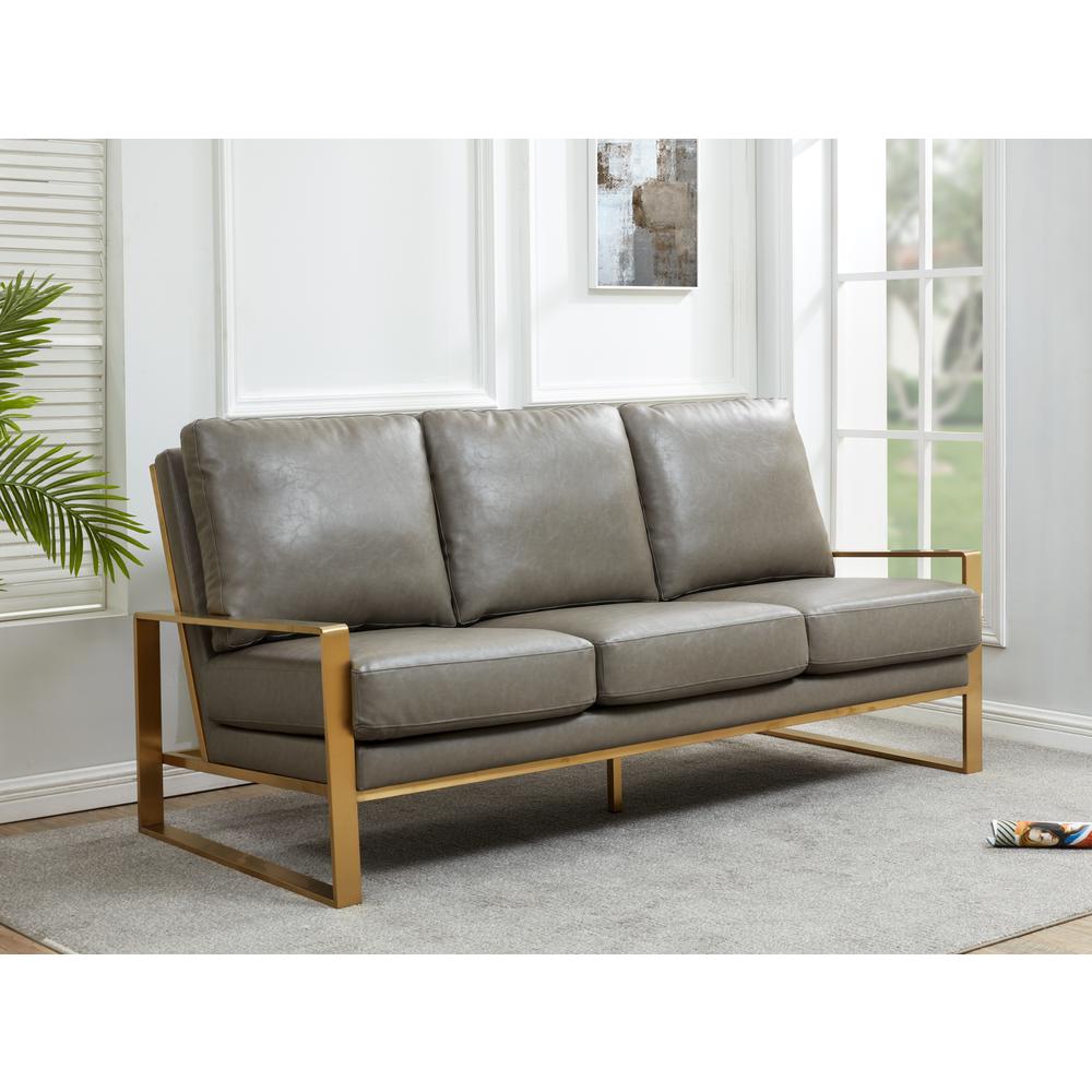 LeisureMod Jefferson Modern Design Leather Sofa With Gold Frame, Grey. Picture 4
