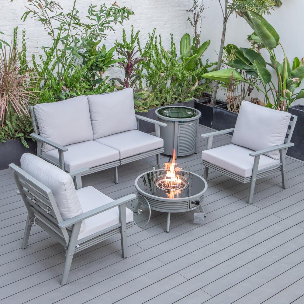 LeisureMod Walbrooke Modern Grey Patio Conversation With Round Fire Pit With Slats Design & Tank Holder, Light Grey. Picture 1