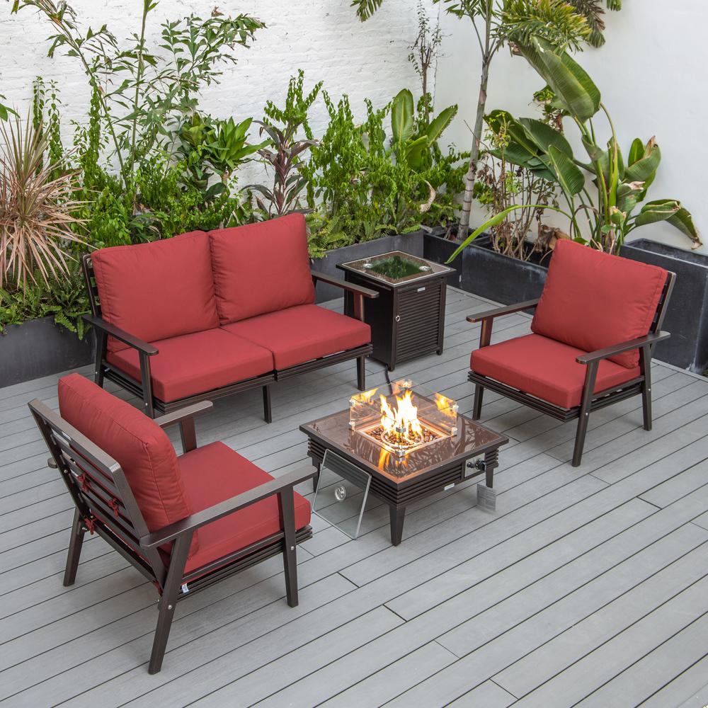 LeisureMod Walbrooke Modern Brown Patio Conversation With Square Fire Pit With Slats Design & Tank Holder, Red. Picture 1