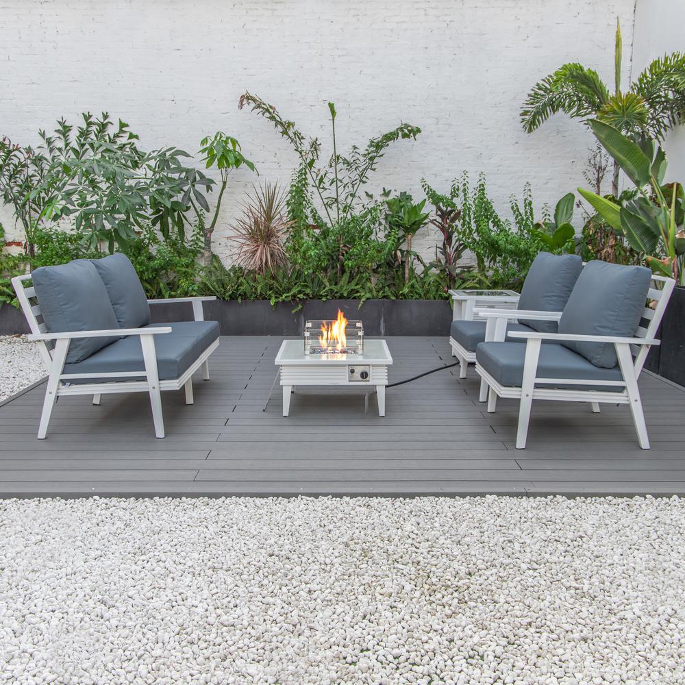 LeisureMod Walbrooke Modern White Patio Conversation With Square Fire Pit With Slats Design & Tank Holder, Navy Blue. Picture 7