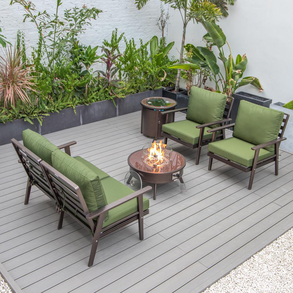 LeisureMod Walbrooke Modern Brown Patio Conversation With Round Fire Pit & Tank Holder, Green. Picture 6