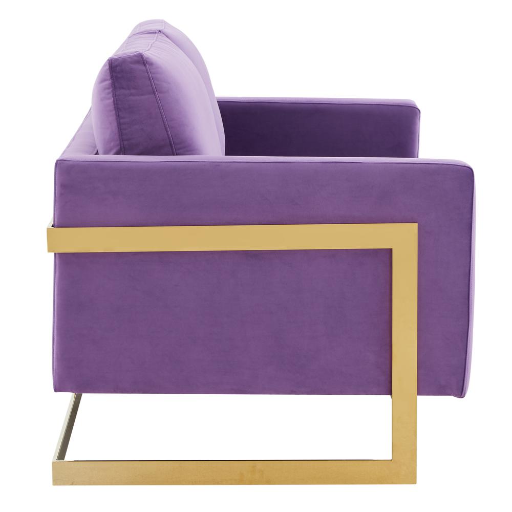 LeisureMod Lincoln Modern Mid-Century Upholstered Velvet Loveseat with Gold Frame, Purple. Picture 4