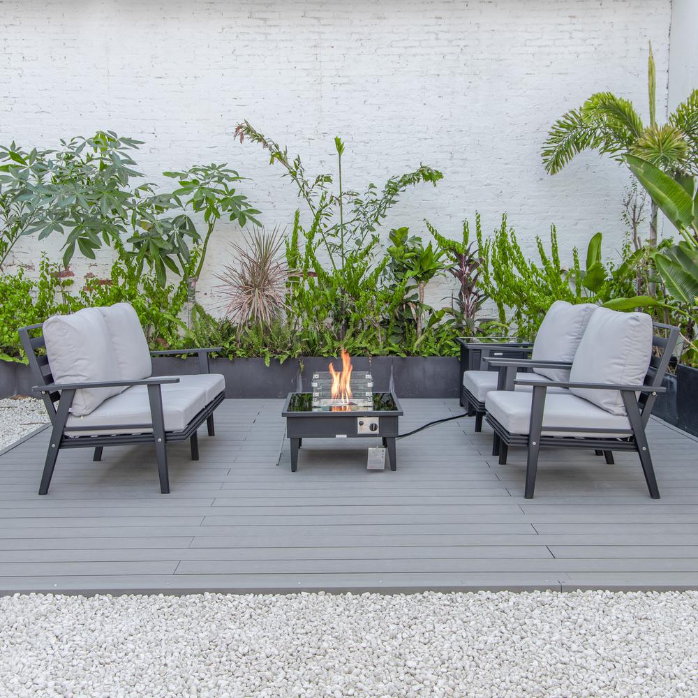 LeisureMod Walbrooke Modern Black Patio Conversation With Square Fire Pit & Tank Holder, Light Grey. Picture 4