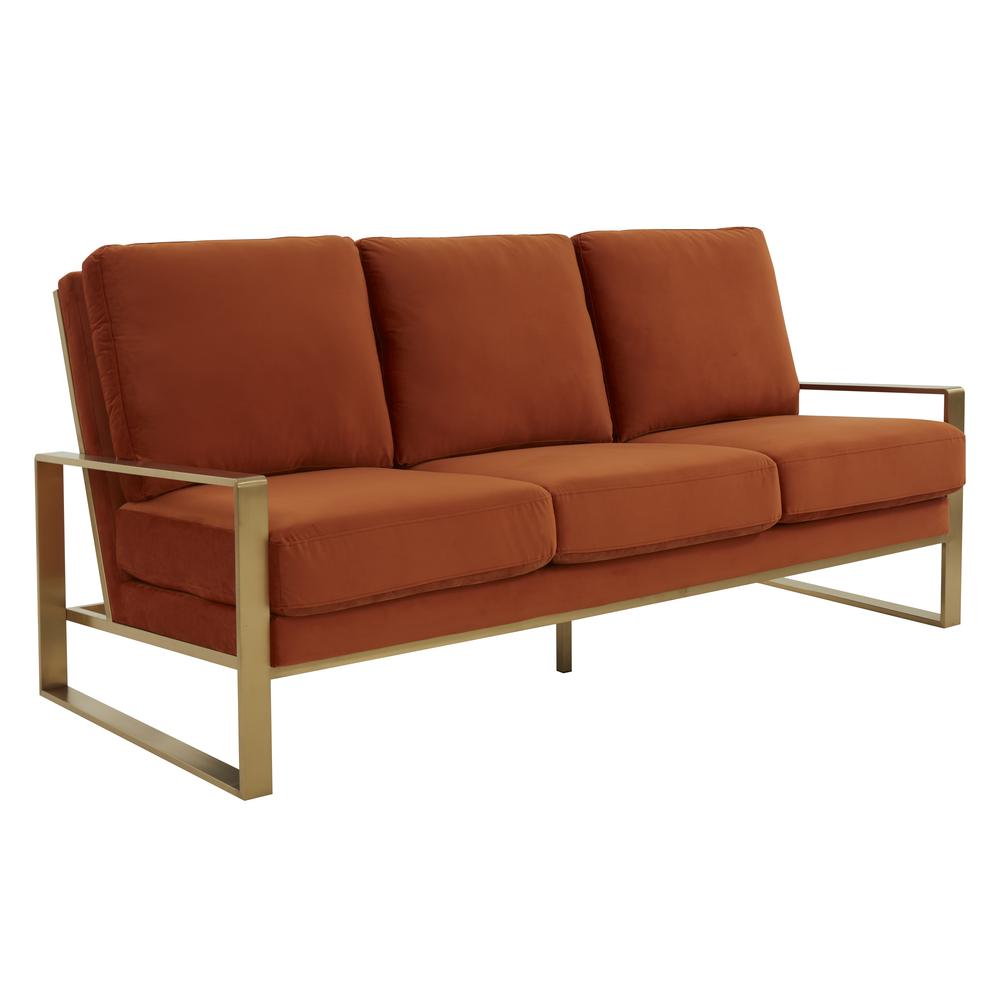 LeisureMod Jefferson Contemporary Modern Design Velvet Sofa With Gold Frame., Orange. Picture 1