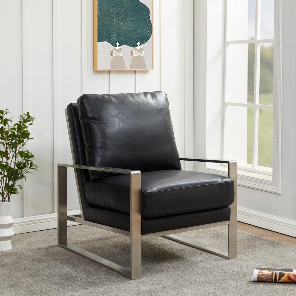 LeisureMod Jefferson Leather Modern Design Accent Armchair With Elegant Silver Frame, Black. Picture 6