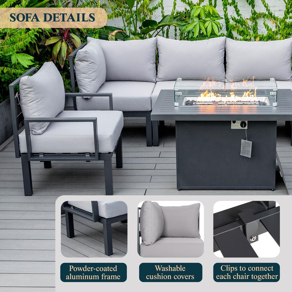 Chelsea 7-Piece Patio Sectional And Fire Pit Table Black Aluminum With Cushions. Picture 38