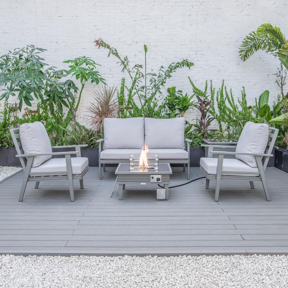 LeisureMod Walbrooke Modern Grey Patio Conversation With Square Fire Pit With Slats Design & Tank Holder, Light Grey. Picture 8