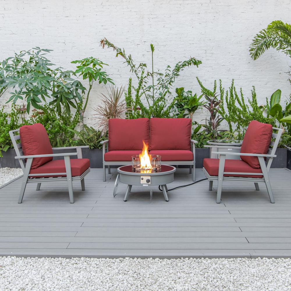 LeisureMod Walbrooke Modern Grey Patio Conversation With Round Fire Pit & Tank Holder, Red. Picture 5