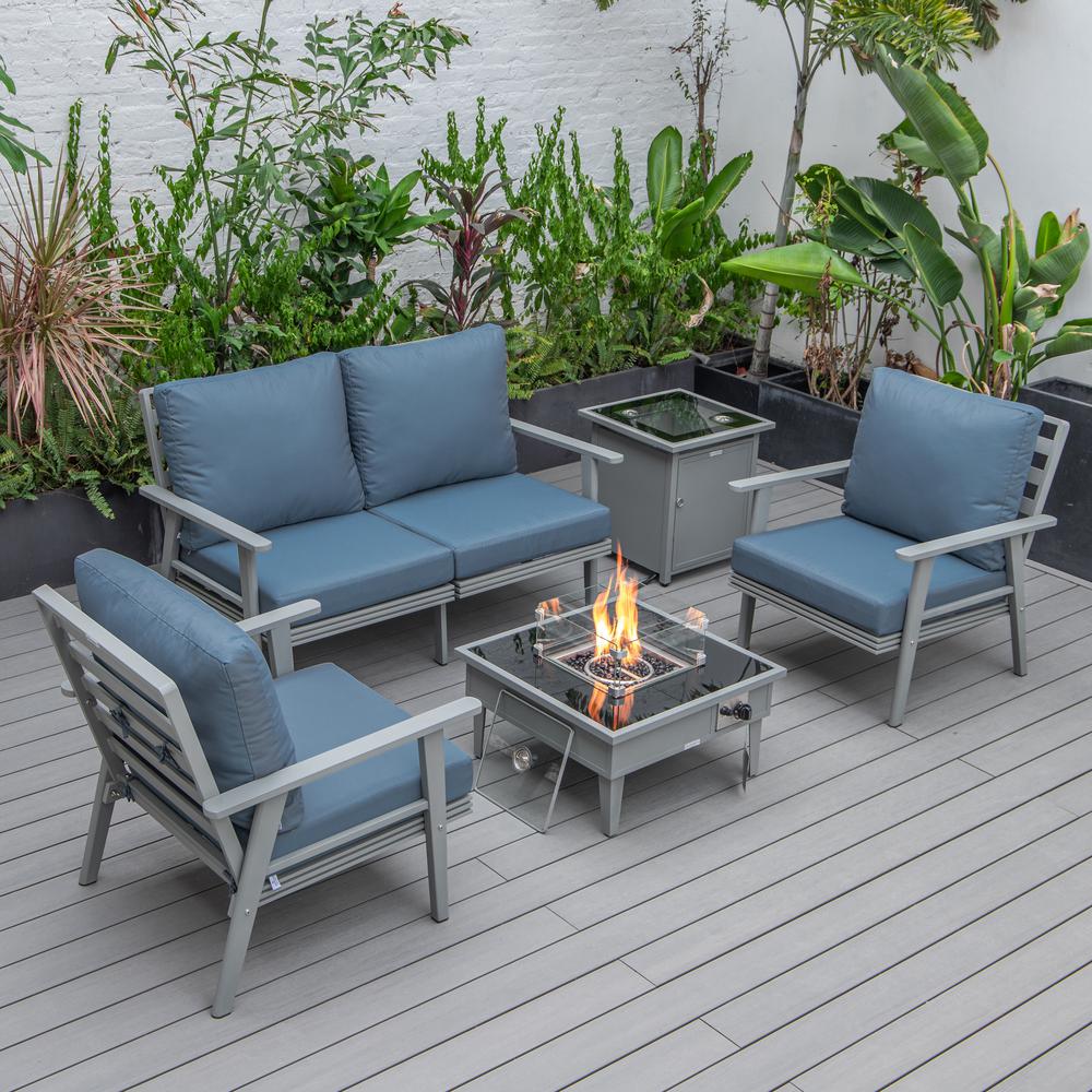 LeisureMod Walbrooke Modern Grey Patio Conversation With Square Fire Pit & Tank Holder, Navy Blue. Picture 1