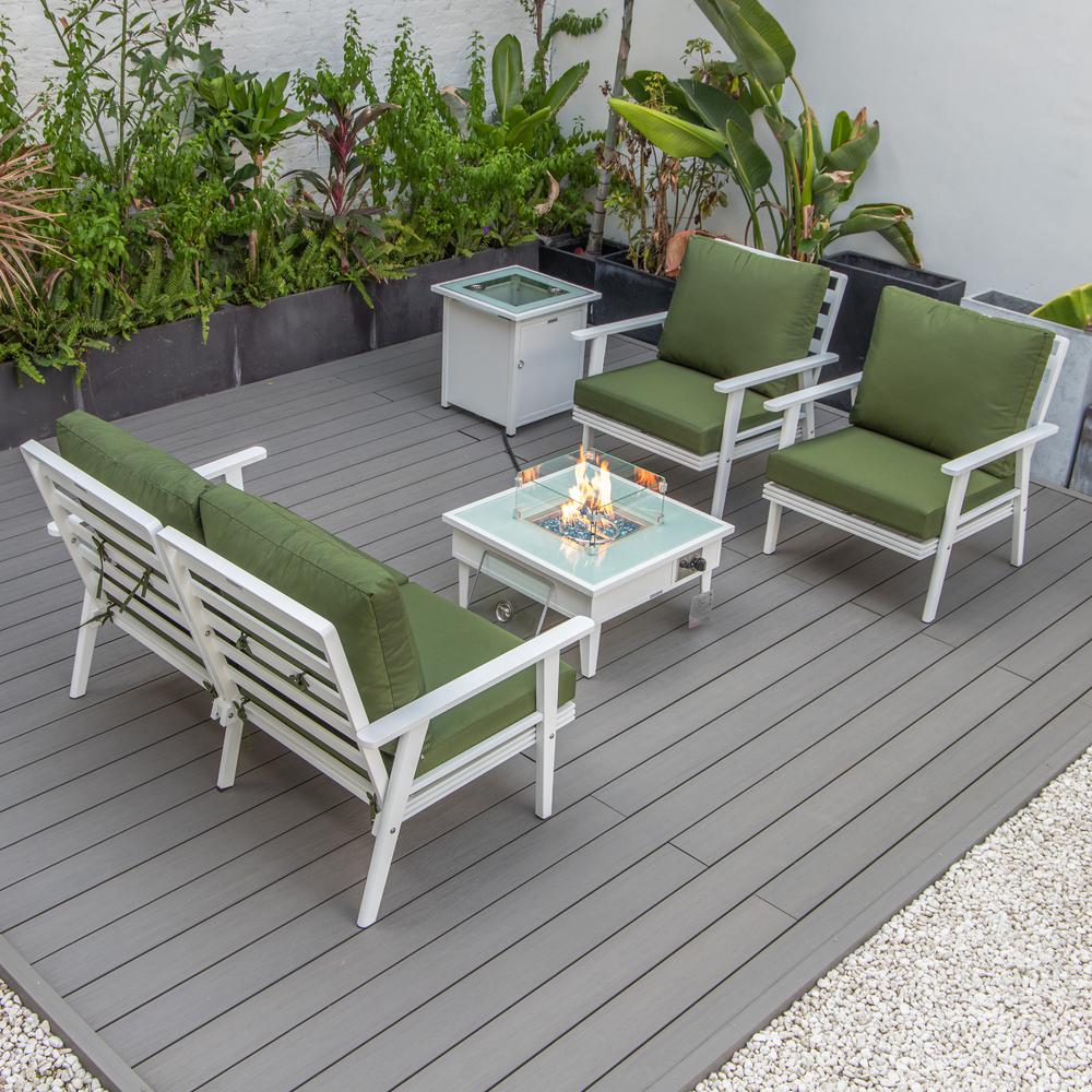 LeisureMod Walbrooke Modern White Patio Conversation With Square Fire Pit & Tank Holder, Green. Picture 8